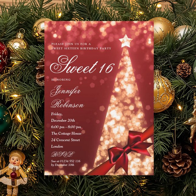 Modern Red Gold Xmas Tree Bow Sweet 16 Birthday  Einladung (Modern Red Gold Xmas Tree Bow Sweet 16 Birthday Invitation)