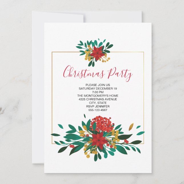 Modern Red Green & Gold Christmas Bouquet Party Einladung (Vorderseite)