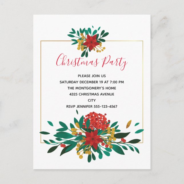 Modern Red Green & Gold Christmas Bouquet Party Einladungspostkarte (Vorderseite)