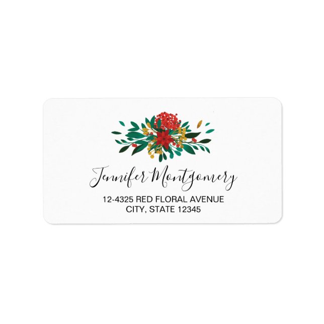 Modern Red Green & Gold Christmas Floral Adressaufkleber (Vorne)