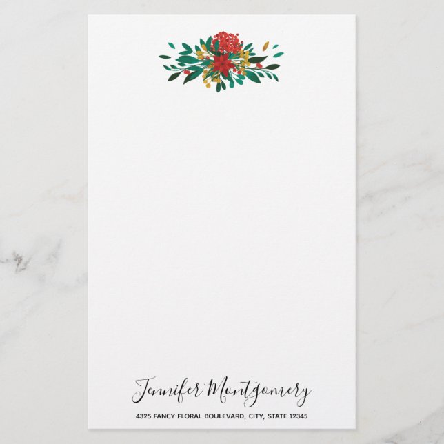 Modern Red Green & Gold Christmas Floral Briefpapier (Vorderseite)