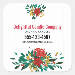 Modern Red Green & Gold Christmas Floral Business Quadratischer Aufkleber