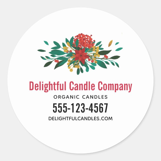 Modern Red Green & Gold Christmas Floral Business Runder Aufkleber (Vorderseite)