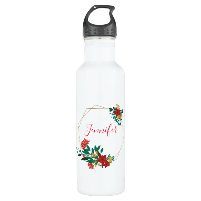 Modern Red Green & Gold Christmas Floral Edelstahlflasche (Vorderseite)