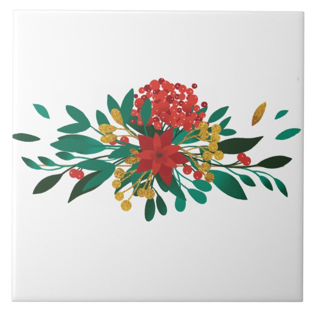 Modern Red Green & Gold Christmas Floral Fliese (Vorderseite)