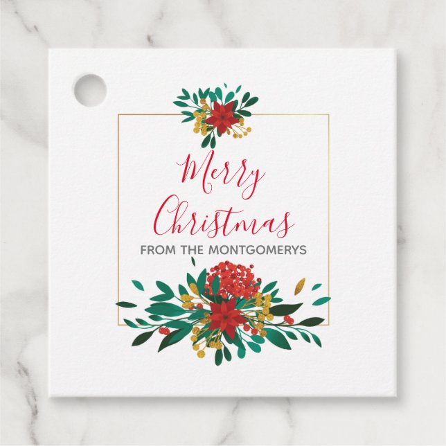 Modern Red Green & Gold Christmas Floral Geschenkanhänger (Vorderseite)