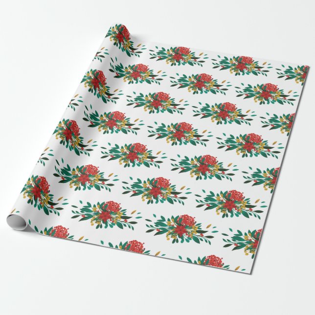 Modern Red Green & Gold Christmas Floral Geschenkpapier (Ungerollt)