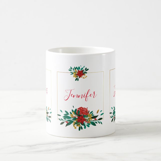 Modern Red Green & Gold Christmas Floral Kaffeetasse (Mittel)