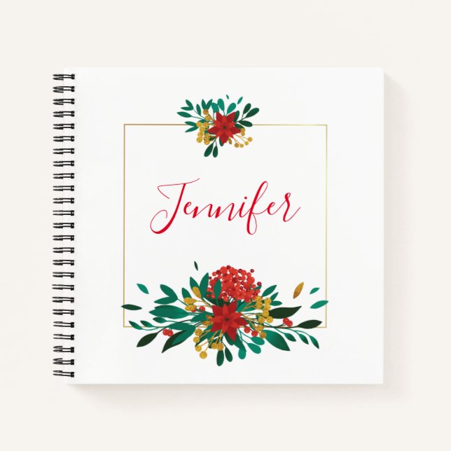 Modern Red Green & Gold Christmas Floral Notizbuch (Vorderseite)