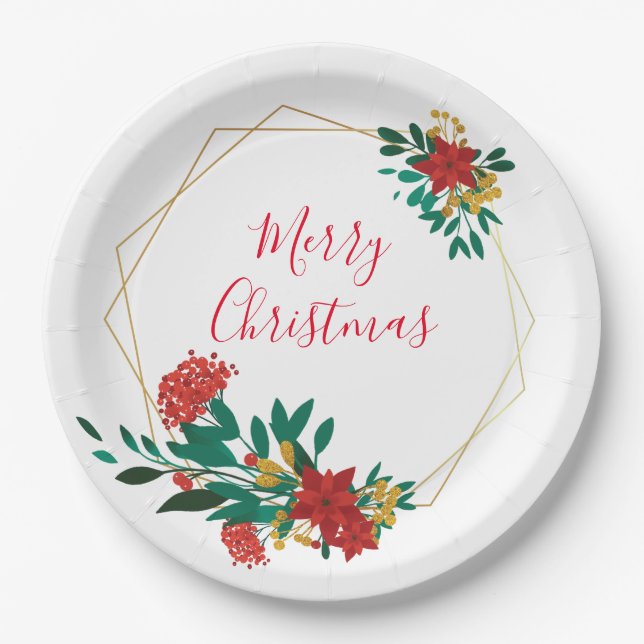 Modern Red Green & Gold Christmas Floral Pappteller (Vorderseite)