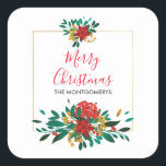 Modern Red Green & Gold Christmas Floral Quadratischer Aufkleber<br><div class="desc">Aufkleber mit hübschem Blumenstrauß in Rot,  Gold und Grün. Ein Goldrahmen hinter den Blume. Frohe Weihnachten und ein personalisierter Name,  der innen geschrieben ist.</div>