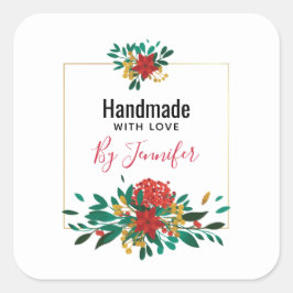 Modern Red Green & Gold Christmas Floral Quadratischer Aufkleber