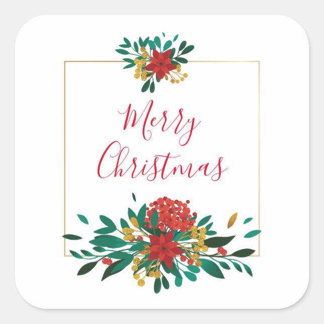 Modern Red Green & Gold Christmas Floral Quadratischer Aufkleber (Vorderseite)