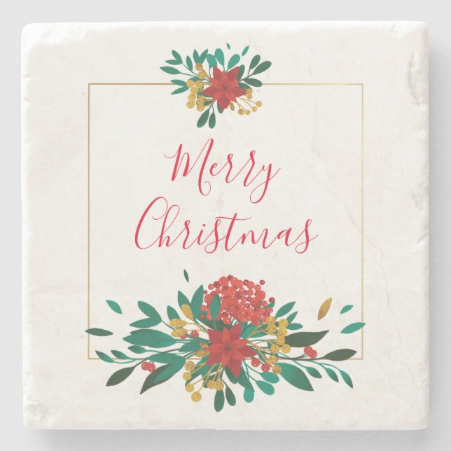 Modern Red Green & Gold Christmas Floral Steinuntersetzer (Vorderseite)