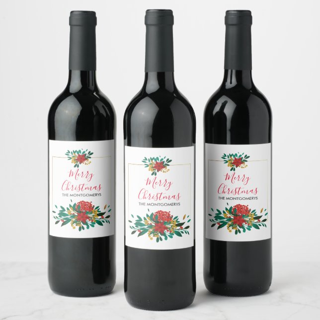 Modern Red Green & Gold Christmas Floral Weinetikett (Flaschen)