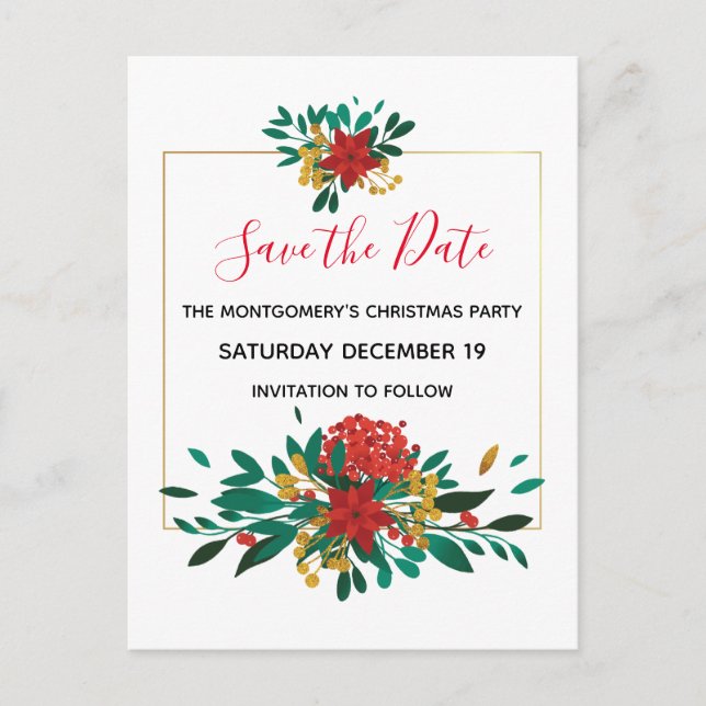 Modern Red Green & Gold Christmas Save the Date Einladungspostkarte (Vorderseite)