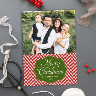 Modern Red Green Zickzack Christmas Foto Card Feiertagskarte