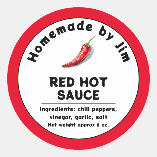 Modern Red Hot Chili Sauce Pepper Label Runder Aufkleber (Vorderseite)