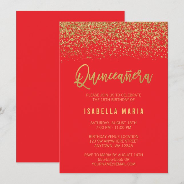 Modern Red Imitats Gold Glitzern Quinceanera Einladung (Vorne/Hinten)