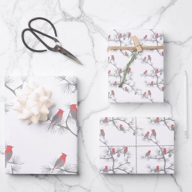 Modern Red Kardinal Winter Snow Weihnachten Geschenkpapier Set (Vorderseite)