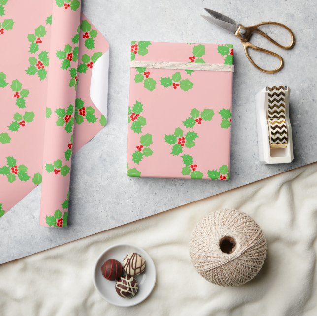 Modern Red Leaf Green Pastor Light Pink Weihnachte Geschenkpapier (Kunsthandwerk)