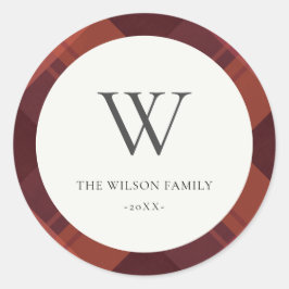 Modern Red Maroon Marsala Kariert Pattern Monogram Runder Aufkleber
