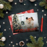 Modern Red Merry & Bright Stylish Christmas Photo Feiertagskarte<br><div class="desc">A very unique and elegant stylish minimalist and modern script Christmas card. Which features a minimalist customizable full family photo. With white informal whimsical calligraphy of happy holidays. And under it the family name and years which can be both changed by clicking on the personalized button. And in the back...</div>