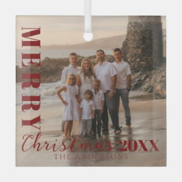Modern Red Merry Christmas Script Foto Ornament Aus Glas