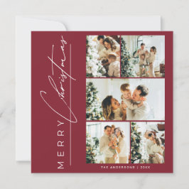 Modern Red Multi Photo Merry Christmas Script Feiertagskarte