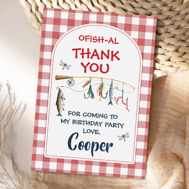 Modern Red Ofishally One 1st Birthday  Dankeskarte (Fishing Birthday Thank You Card, Ofishally One Birthday Thank you Card, Red Gingham Fishing Card
)