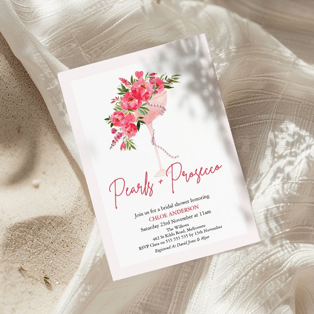 Modern Red Peongs Pearls Prosecco Brautparty Einladung (Red Floral Pearls and Prosecco Bridal Shower Invitation, Modern Pearls Prosecco Bridal Shower Invite)