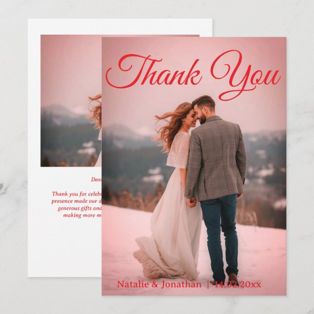 Modern Red  Photo Wedding Thank You Card W Note Dankeskarte (Vorne/Hinten)