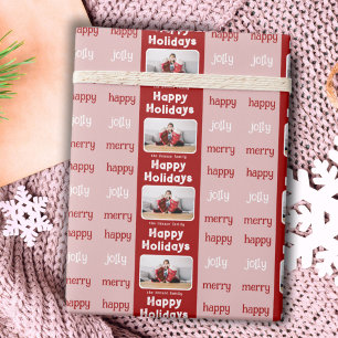 Modern Red Pink Familie Foto Weihnachtsfest Geschenkpapier