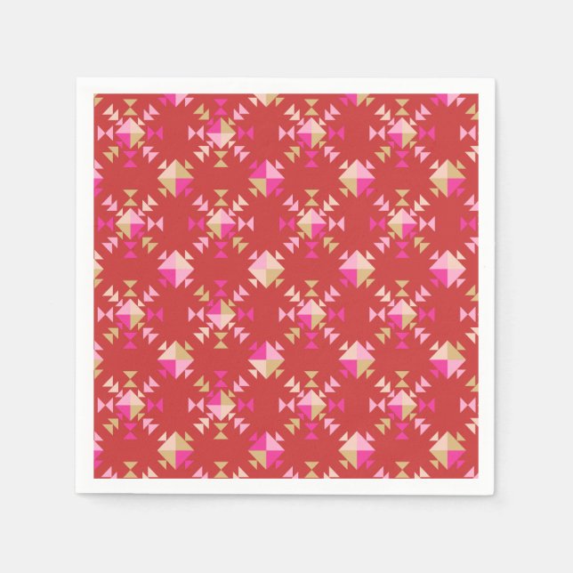 Modern Red Pink Gold Geometrische Schneeflocken Mu Serviette (Vorderseite)