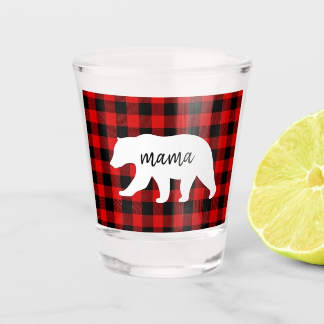 Modern Red Pläd and White Mama Bear Gift Schnapsglas (Vorderseite)