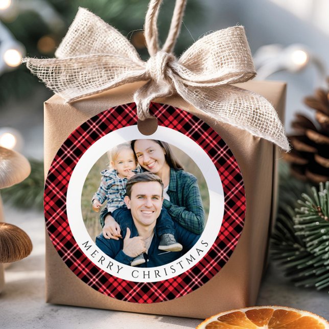 Modern Red Plaid Photo Christmas Geschenkanhänger (Modern Red Plaid Photo Christmas Favor Tags)