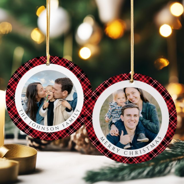 Modern Red Plaid Photo Christmas Keramik Ornament (Modern Red Plaid Photo Christmas Ceramic Ornament)