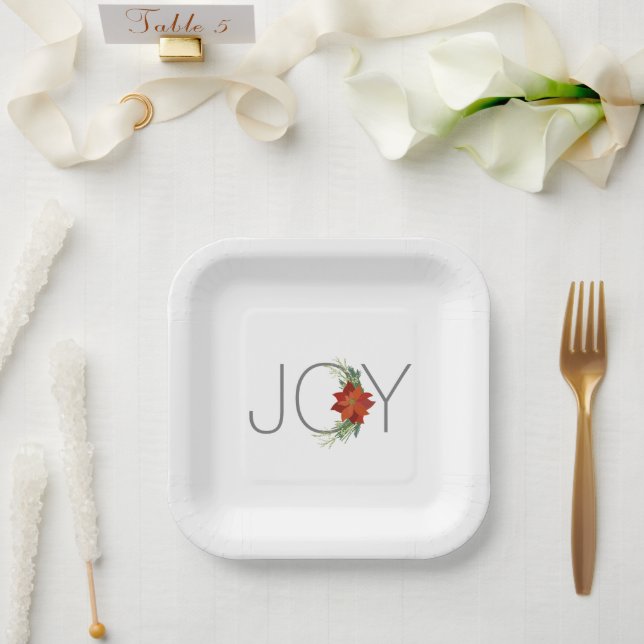 Modern Red poinsettia Holiday Joy Christmas Pappteller (Hochzeit)