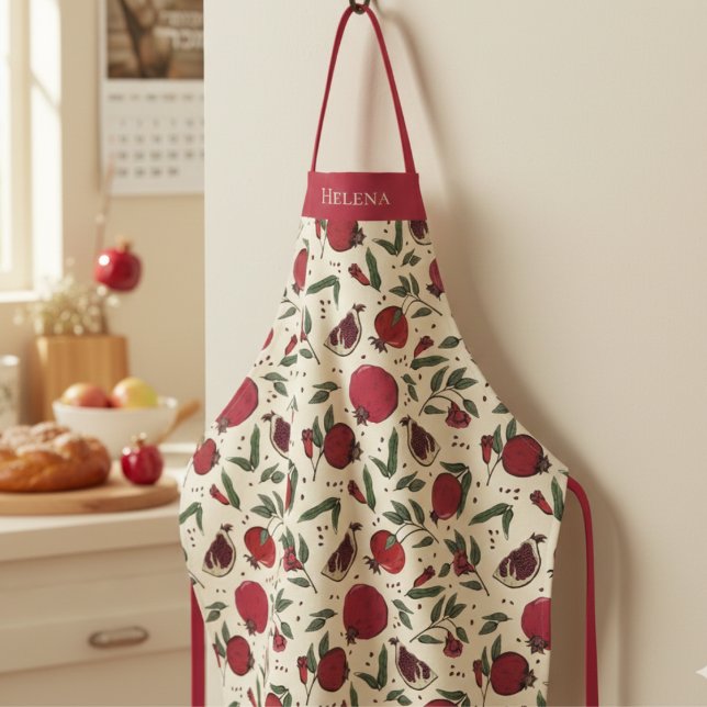 Modern Red Pomegranate Fruit Pattern Schürze (Modern Botanical Red Pomegranate Fruit Pattern Apron for Her. Elegant Pomegranates & Leaves Drawing)