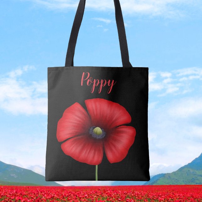 Modern Red Poppe Name Black Floral Tote Bag Tasche (A pretty poppy tote bag for you to pop your name on)