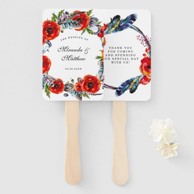 Modern Red Poppy Boho Feathers Wedding Vielen Dank Fächer (Vorne und Hinten)