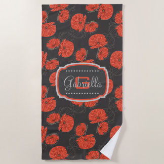 Modern Red Poppy Muster Monogram on Slate Gray Strandtuch