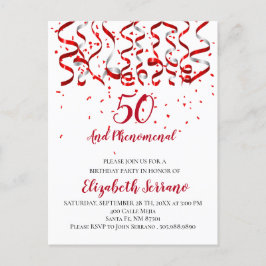 Modern Red Ribbon & Confetti 50. Geburtstag Einladungspostkarte