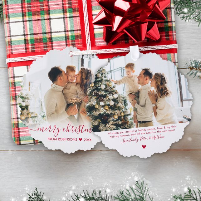 Modern Red Script 2 Family Foto Christmas Ornament Karte (Von Creator hochgeladen)