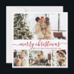 Modern Red Script 4 Foto Collage Weihnachten<br><div class="desc">Minimalistische, elegante Red Calligraphy 4 Foto Collage Frohe Weihnachts Script Holiday Card. Diese festliche, einfache vier (4) Foto Urlaubskarte Vorlage verfügt über eine hübsche Grid Foto Collage und sagt "Frohe Weihnachten"! Der "Frohe Weihnachten"-Grußtext ist in einem wunderschönen handgeschriebenen Wirblen Swash-Schwanz Schriftart-Skript in Rot und Weiß geschrieben. Auf der Rückseite mit...</div>