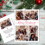 Modern Red Script 5 Foto Collage Weihnachten Postkarte<br><div class="desc">Elegante, moderne 5 Foto Collage Holiday Red Script Weihnachten Familie Foto Postkarten. Dieses festliche, minimalistische, skurrile 5 (5) Foto Feiertagskarte Template verfügt über eine hübsche Gitter Foto Collage und sagt "Frohe Weihnachten"! Der "Frohe Weihnachten"-Grußtext ist in einer schönen Hand geschrieben, Wirble Swash-Schwanz Rot-Schriftart-Skript auf weißem Hintergrund. Auf der Rückseite mit...</div>