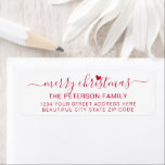 Modern Red Script Christmas Return Address Label<br><div class="desc">Elegante,  moderne Rücksendeadressen-Aufkleber der Weihnachtsfamilie in Rot und Weiß. Mit einem hübschen handgeschriebenen Sprichwort "fröhliche Weihnachten" in Swash-Schwanz Schriftart und einer kleinen Herzform. Ideal für die Weihnachtszeit,  einfach zu personalisieren mit Ihren Namen und Rücksendeadresse-Infos.</div>