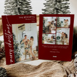Modern Red Script Frohe Weihnachten 5 Foto<br><div class="desc">Senden Sie herzliche Wünsche in dieser Urlaubssaison mit einer "Elegant Red Script Merry Christmas" Multi-Foto-Urlaubskarte. Dieses atemberaubende Design zeichnet sich durch eine schöne rote Schrift aus, die eine festliche Touch verleiht und mehrere Ihrer beliebten Fotos elegant umrahmt. Die Kombination aus lebendigen Farben und ausgeklügelter Typografie schafft ein fröhliches und dennoch...</div>