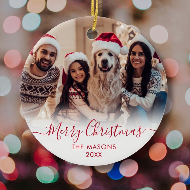 Modern Red Script White2 Foto Frohe Weihnachten Keramik Ornament (Von Creator hochgeladen)