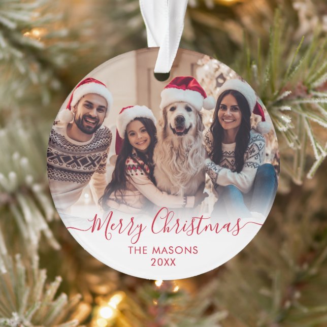 Modern Red Script White 2 Foto Frohe Weihnachten Ornament (Baum)